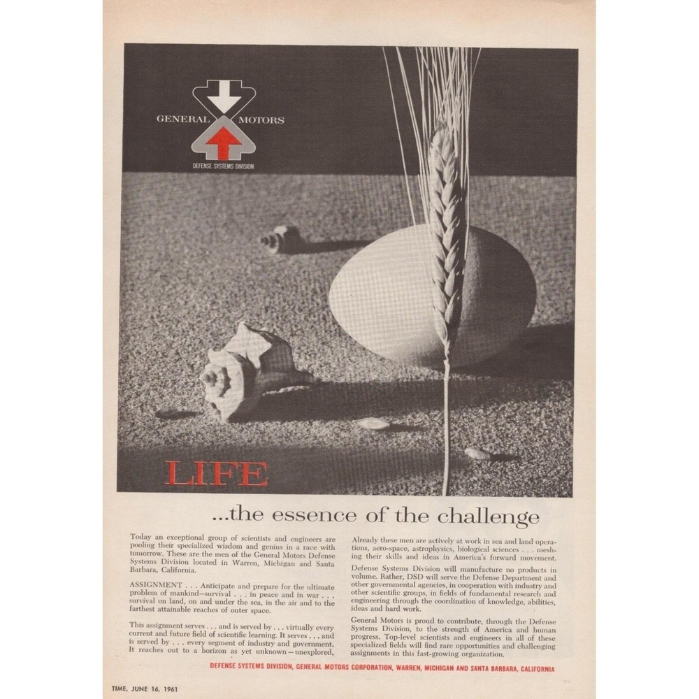 General Motors Defense Systems Essence Challenge America Human Print‎ Ad 1961